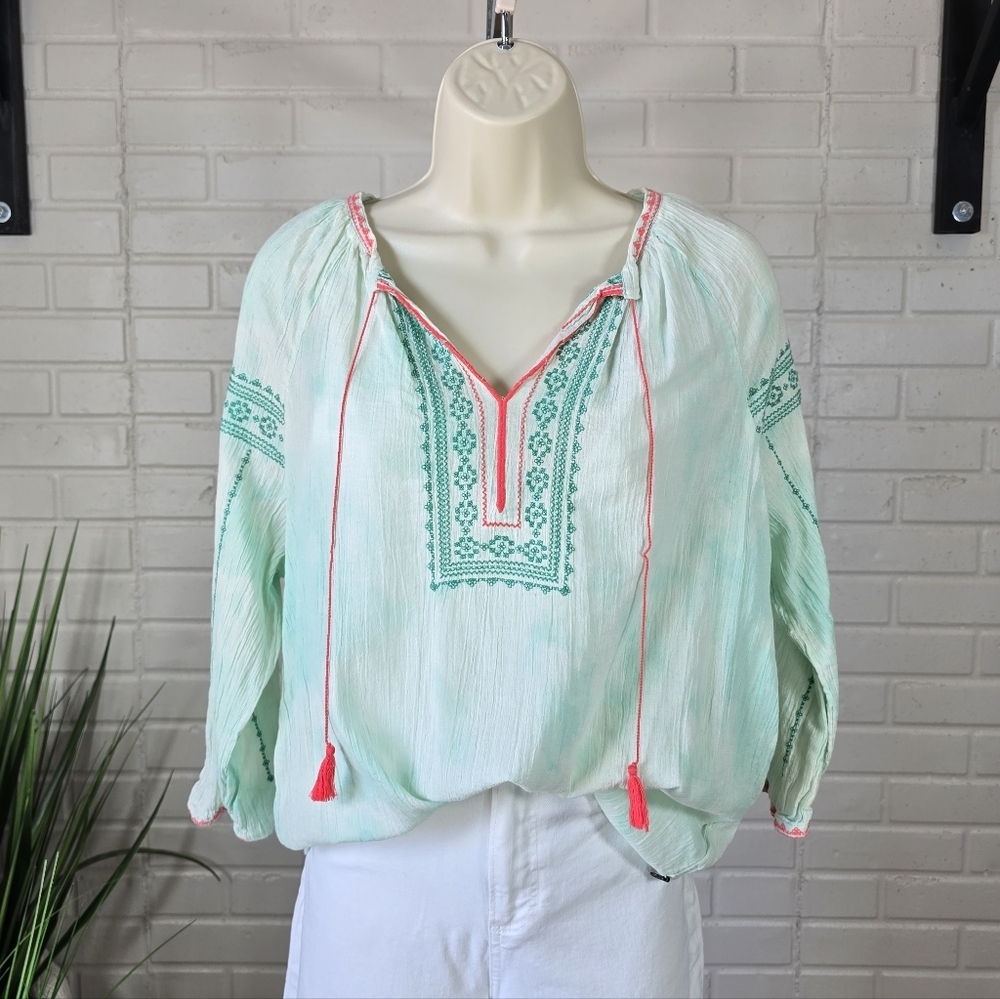 Maison Scotch Green Embroidered Boho Peasent Top Size 2
